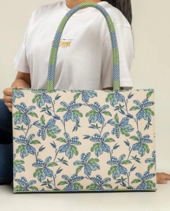 Picture of Floral Canvas Tote Bag – Blue & Green Leaf Print