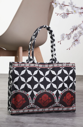 Picture of Black & White Canvas Tote Bag with Red Floral Accents