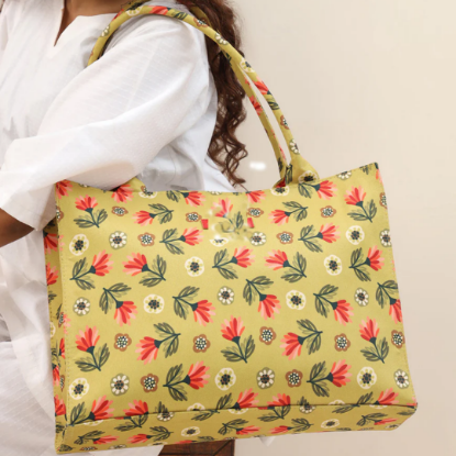 Picture of Mustard Yellow Floral Canvas Tote Bag – Bold & Breezy